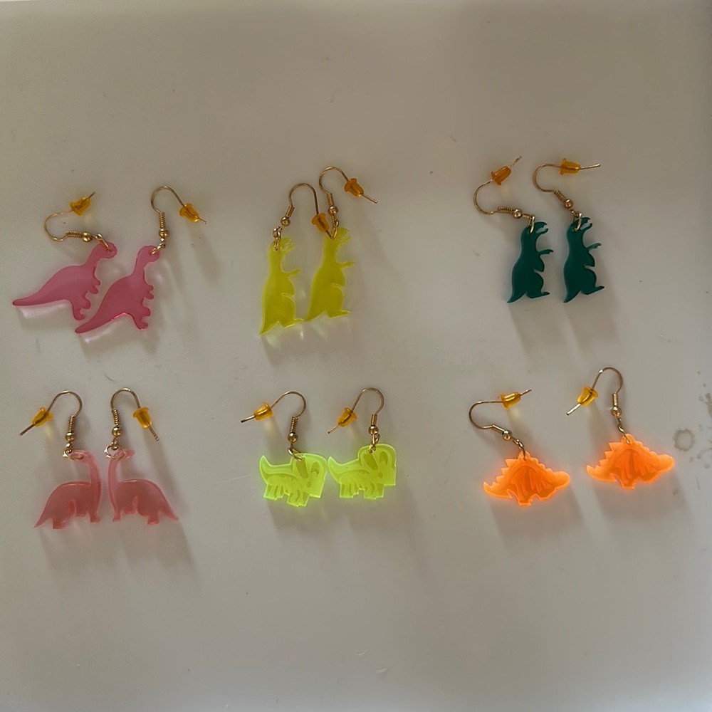 6 pairs Dinosaur Dangle Novelty Earrings